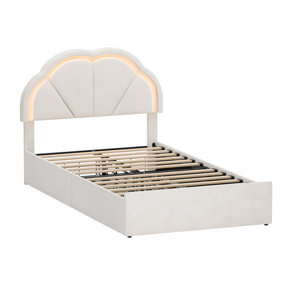 Oikiture King Single Bed Frame LED Headboard with Drawers Beige