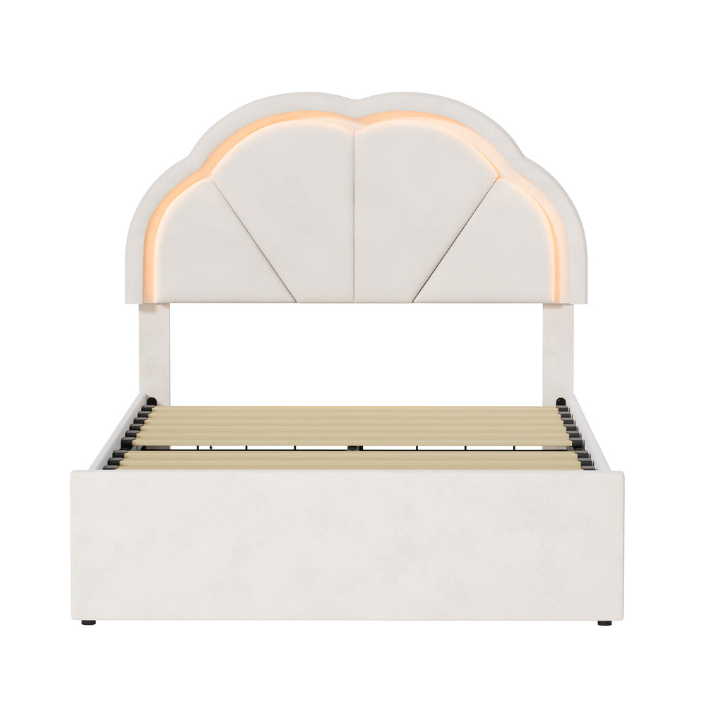 Oikiture King Single Bed Frame LED Headboard with Drawers Beige