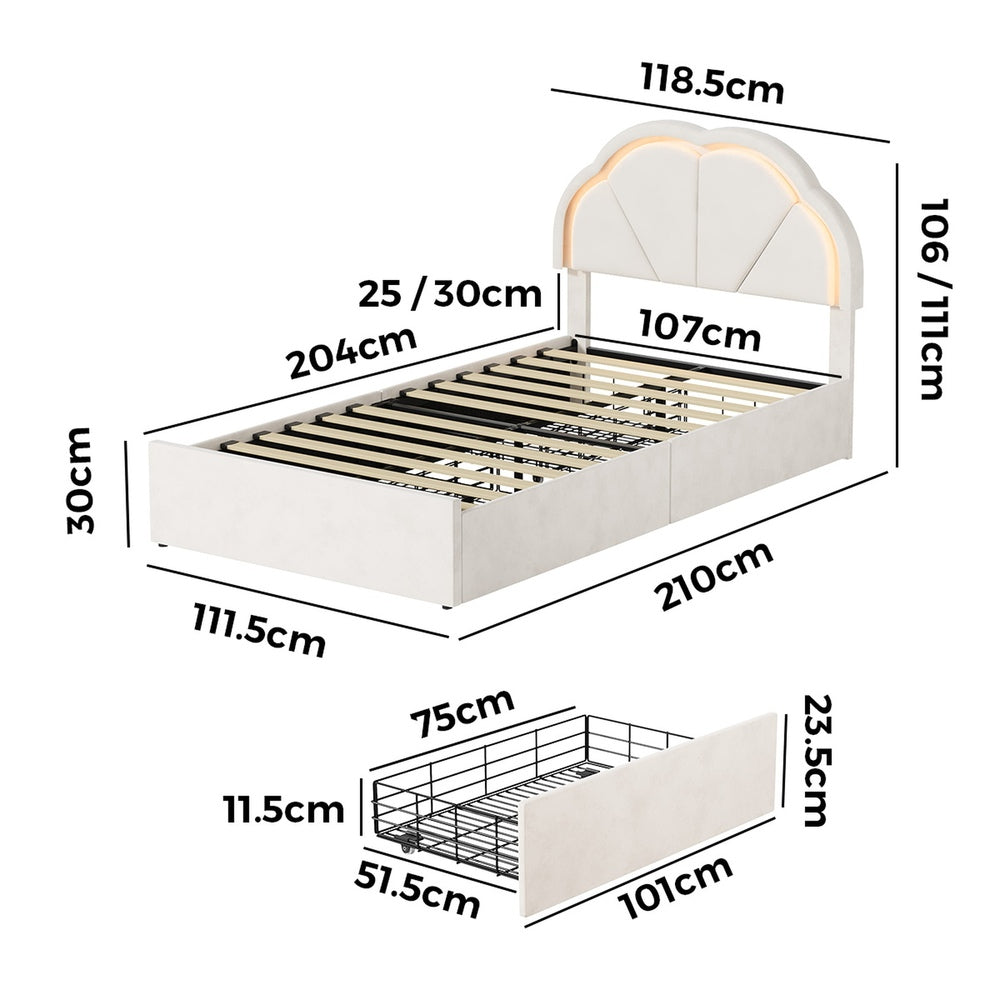 Oikiture King Single Bed Frame LED Headboard with Drawers Beige