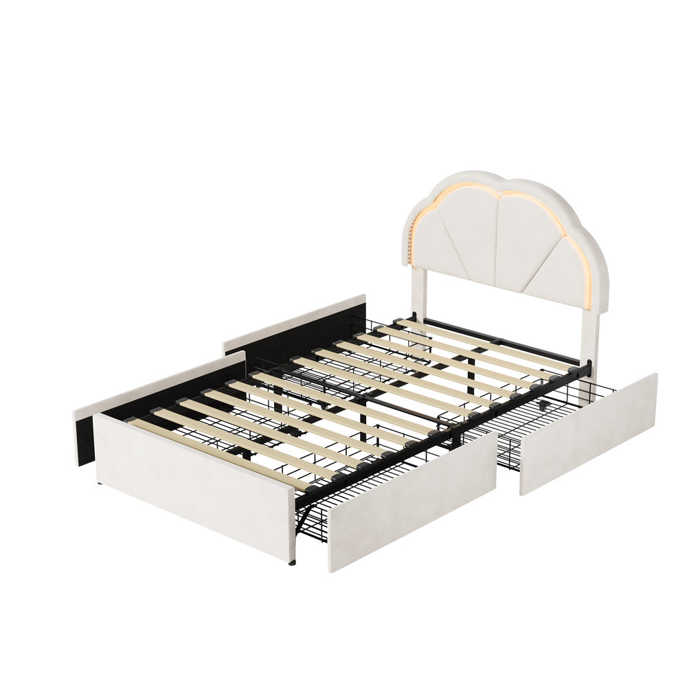Oikiture King Single Bed Frame LED Headboard with Drawers Beige
