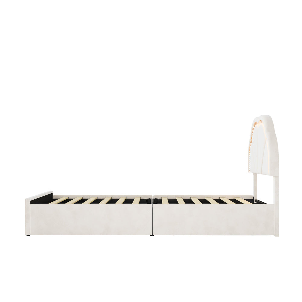 Oikiture King Single Bed Frame LED Headboard with Drawers Beige