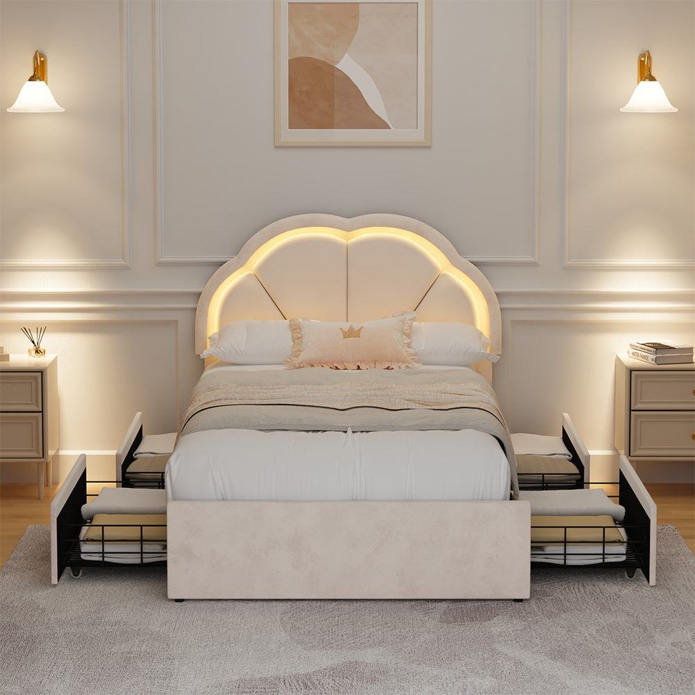 Oikiture King Single Bed Frame LED Headboard with Drawers Beige