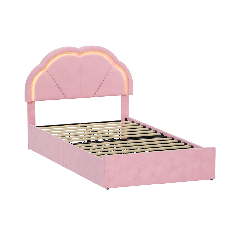 Oikiture King Single Bed Frame LED Headboard with Drawers Velvet Pink