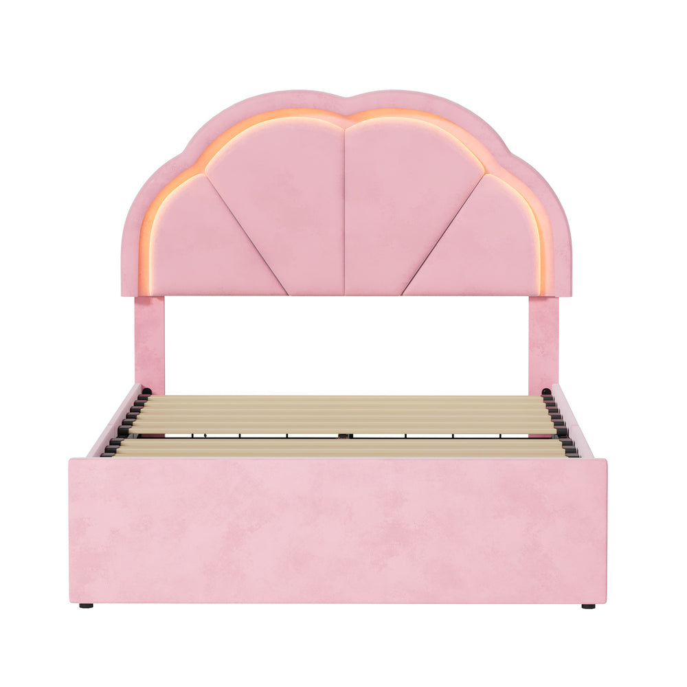 Oikiture King Single Bed Frame LED Headboard with Drawers Velvet Pink