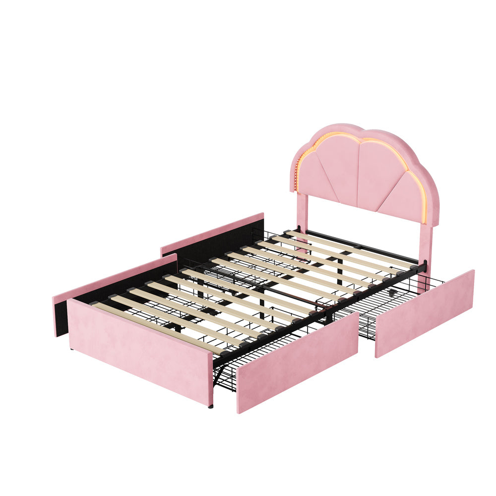 Oikiture King Single Bed Frame LED Headboard with Drawers Velvet Pink