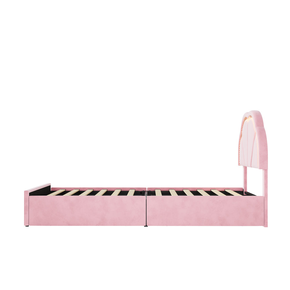 Oikiture King Single Bed Frame LED Headboard with Drawers Velvet Pink