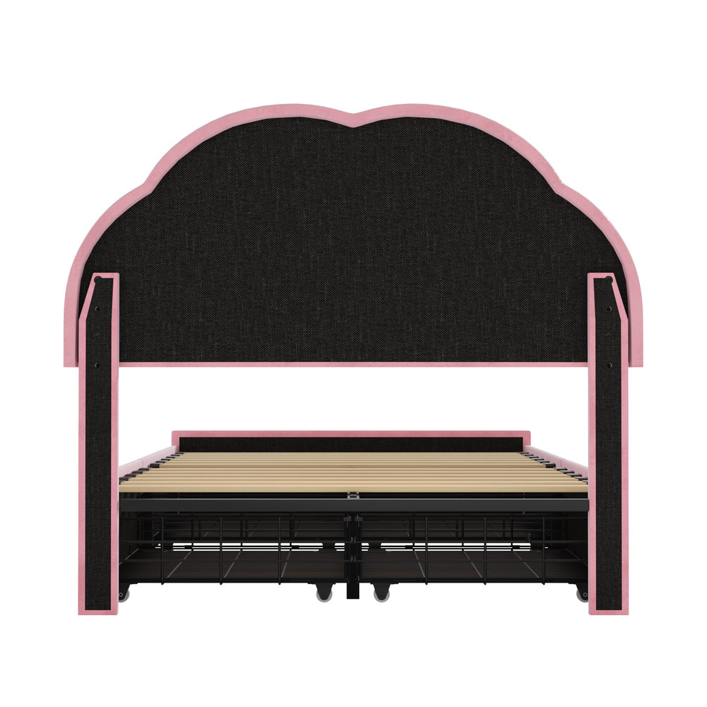Oikiture King Single Bed Frame LED Headboard with Drawers Velvet Pink