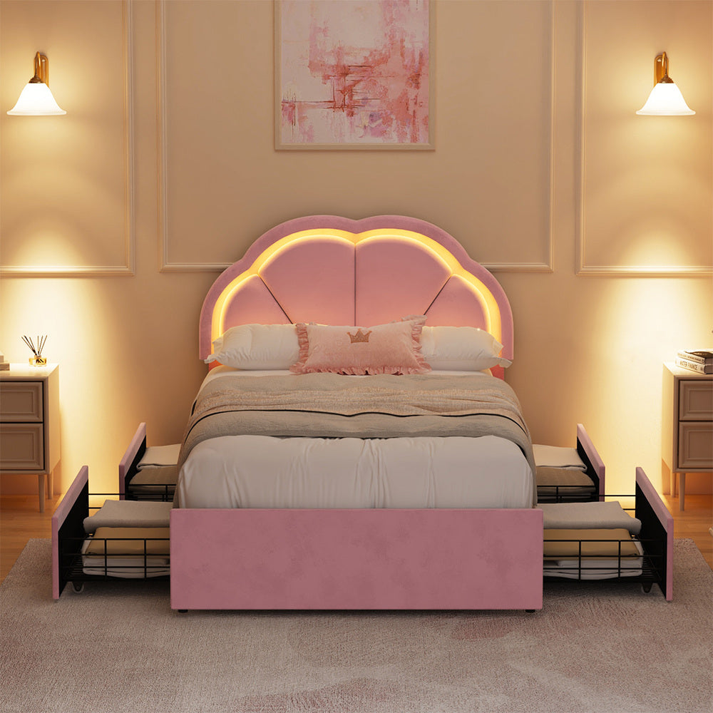 Oikiture King Single Bed Frame LED Headboard with Drawers Velvet Pink
