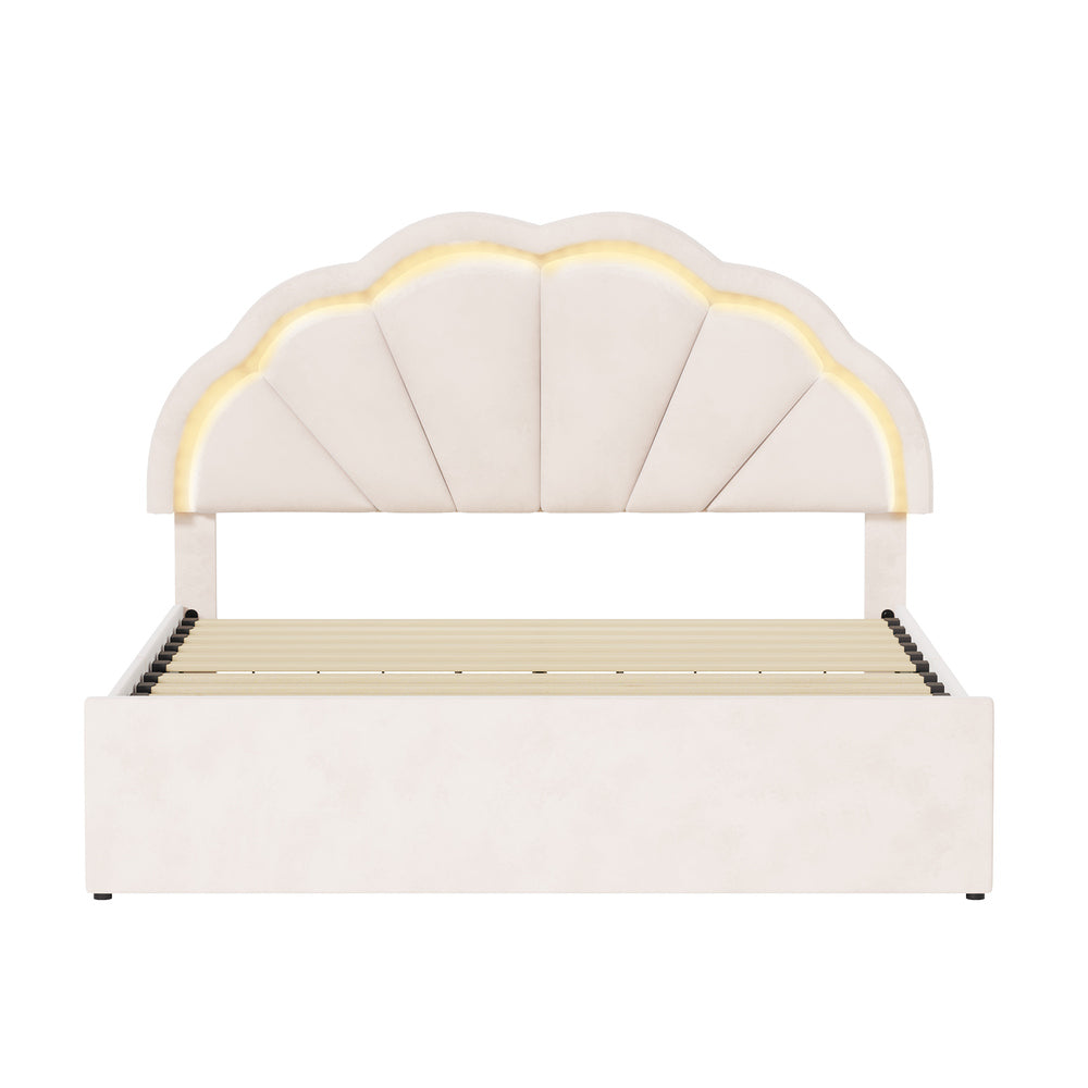 Oikiture Queen Bed Frame LED Shell Headboard with Drawers Beige