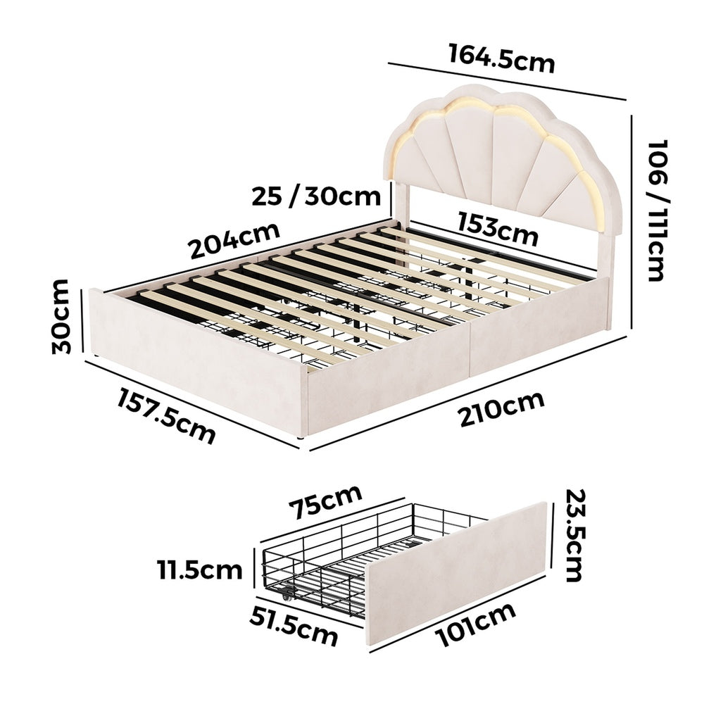 Oikiture Queen Bed Frame LED Shell Headboard with Drawers Beige