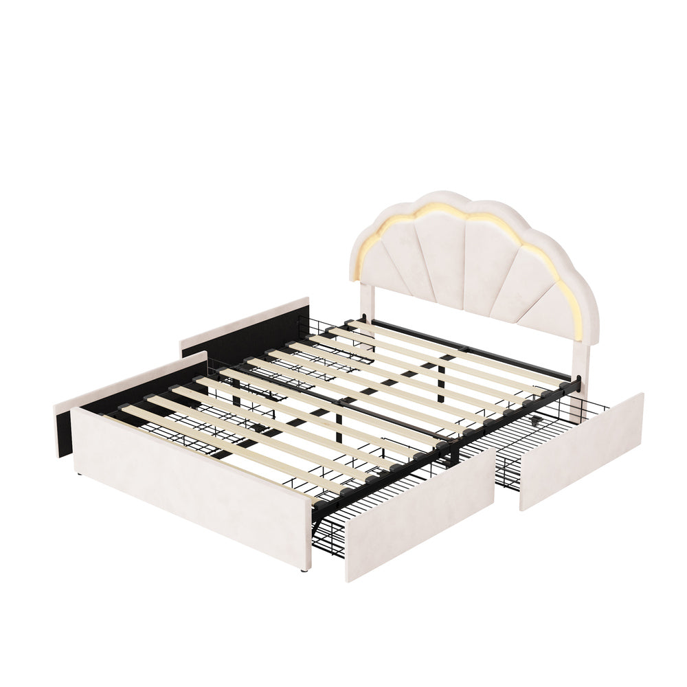 Oikiture Queen Bed Frame LED Shell Headboard with Drawers Beige