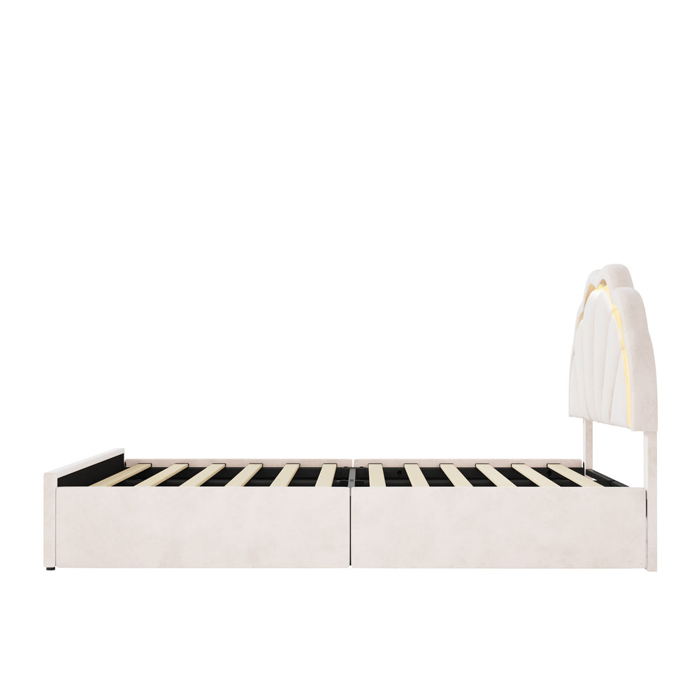 Oikiture Queen Bed Frame LED Shell Headboard with Drawers Beige