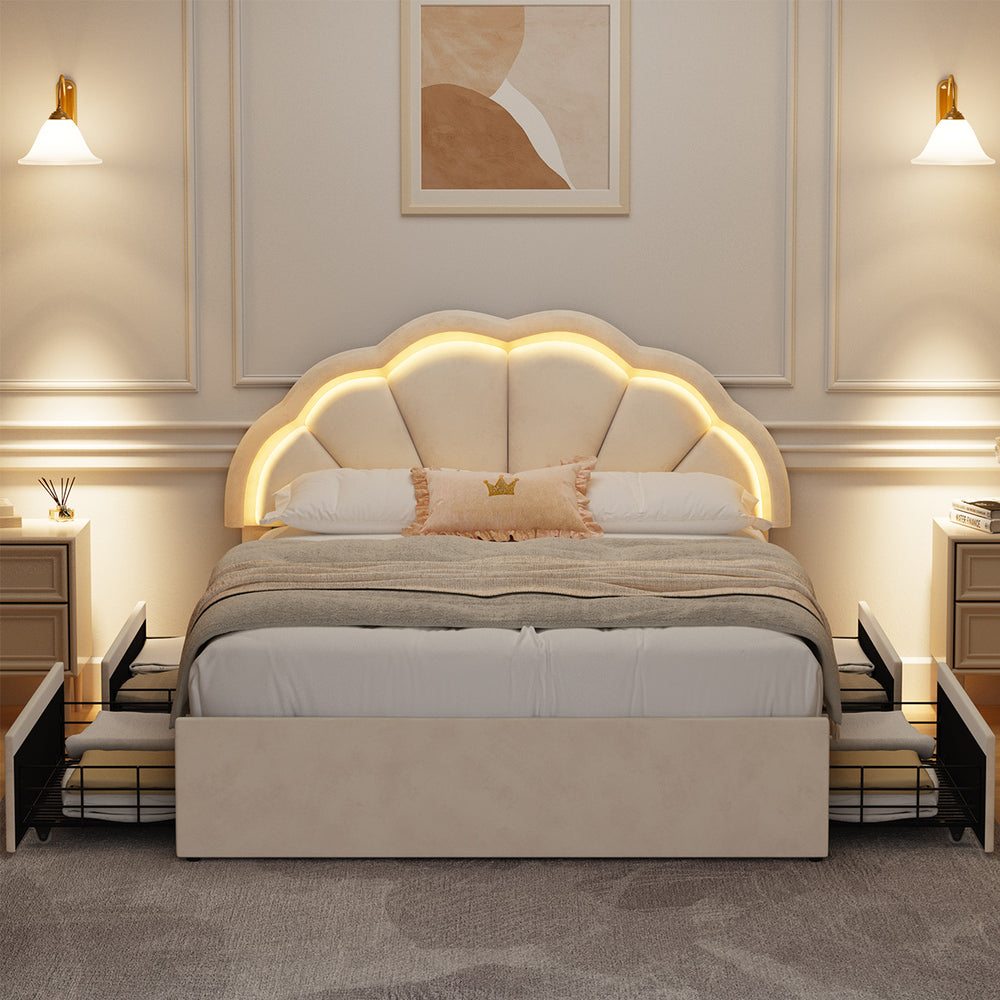 Oikiture Queen Bed Frame LED Shell Headboard with Drawers Beige