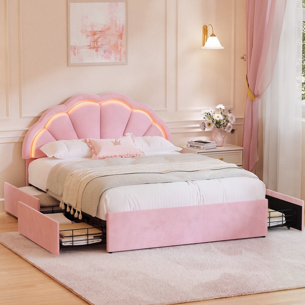 Oikiture Queen Size Bed Frame LED Headboard with Drawers Velvet Pink