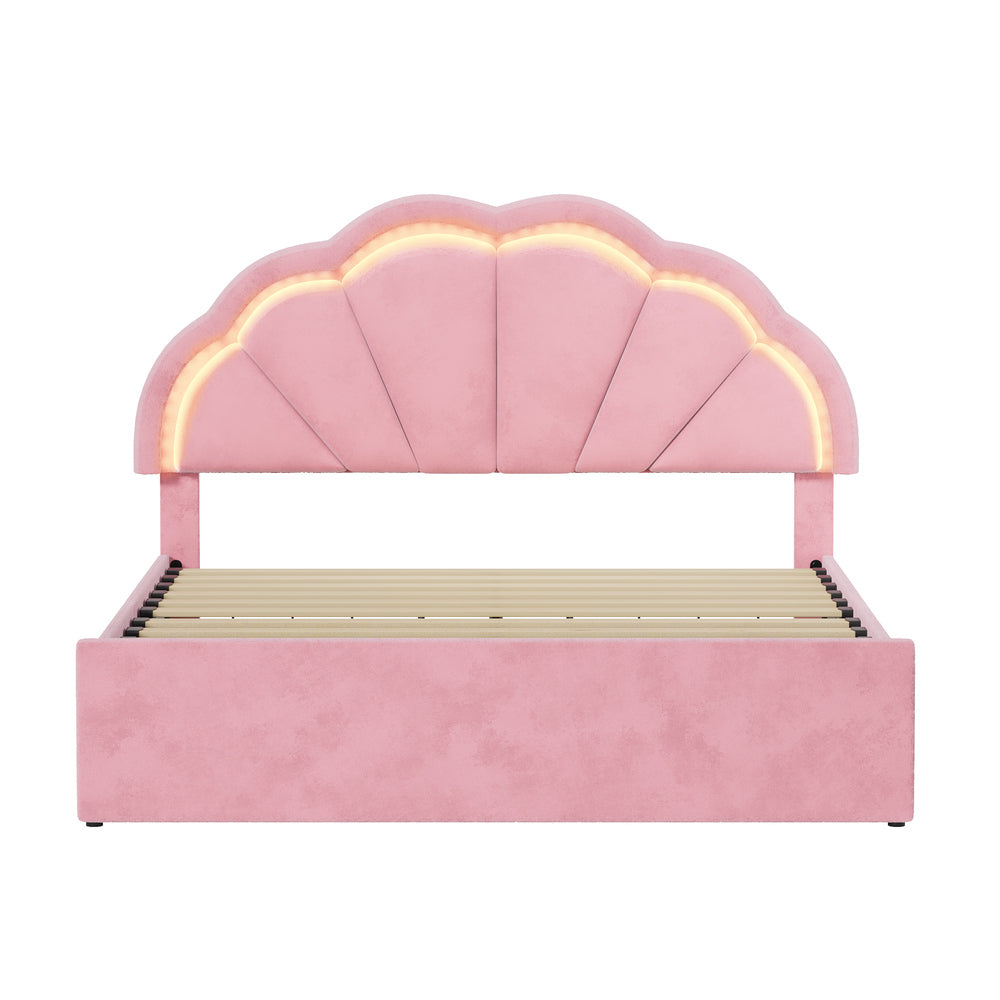 Oikiture Queen Size Bed Frame LED Headboard with Drawers Velvet Pink