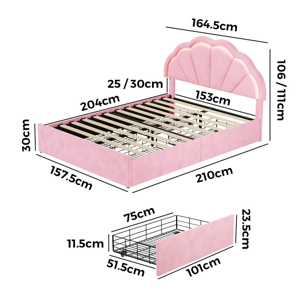 Oikiture Queen Size Bed Frame LED Headboard with Drawers Velvet Pink