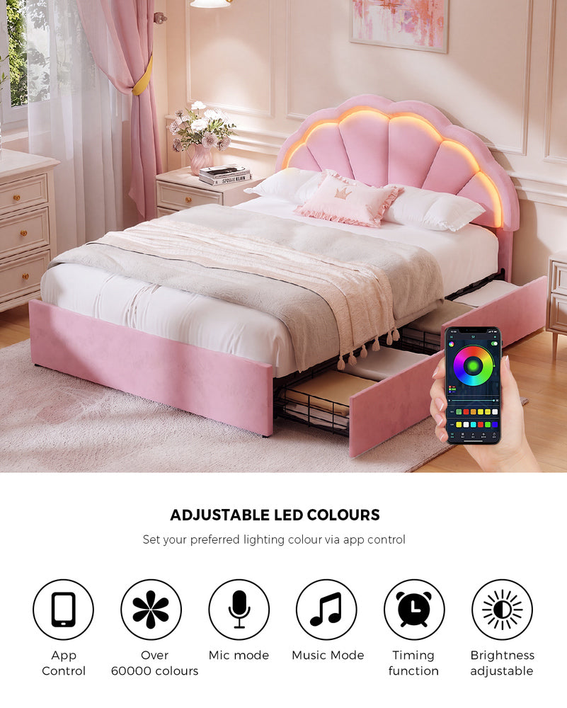 Oikiture Queen Size Bed Frame LED Headboard with Drawers Velvet Pink