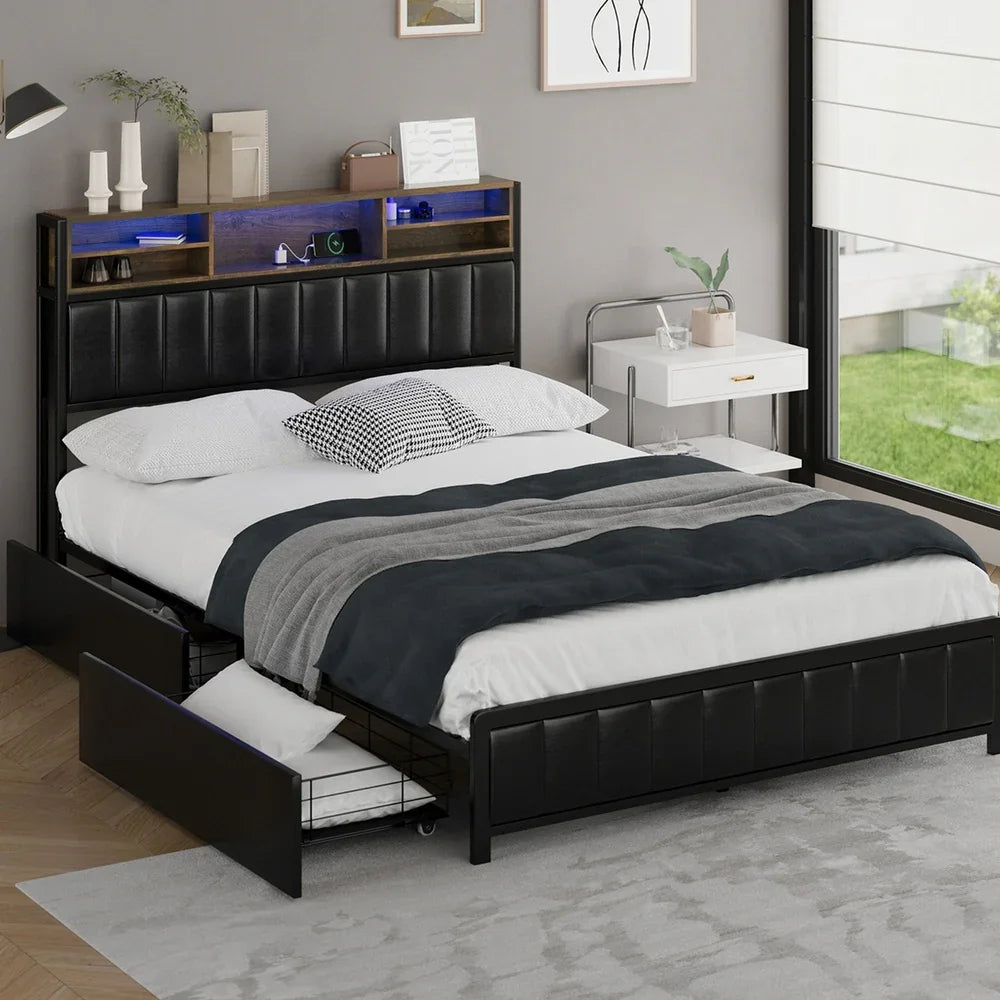 Oikiture Bed Frame Double Single Size LED Storage Bedhead USB Charge
