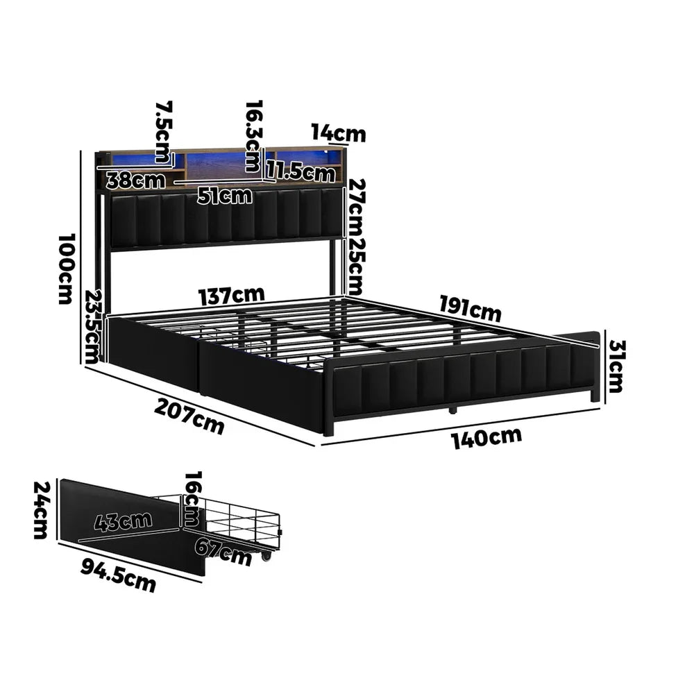 Oikiture Bed Frame Double Single Size LED Storage Bedhead USB Charge