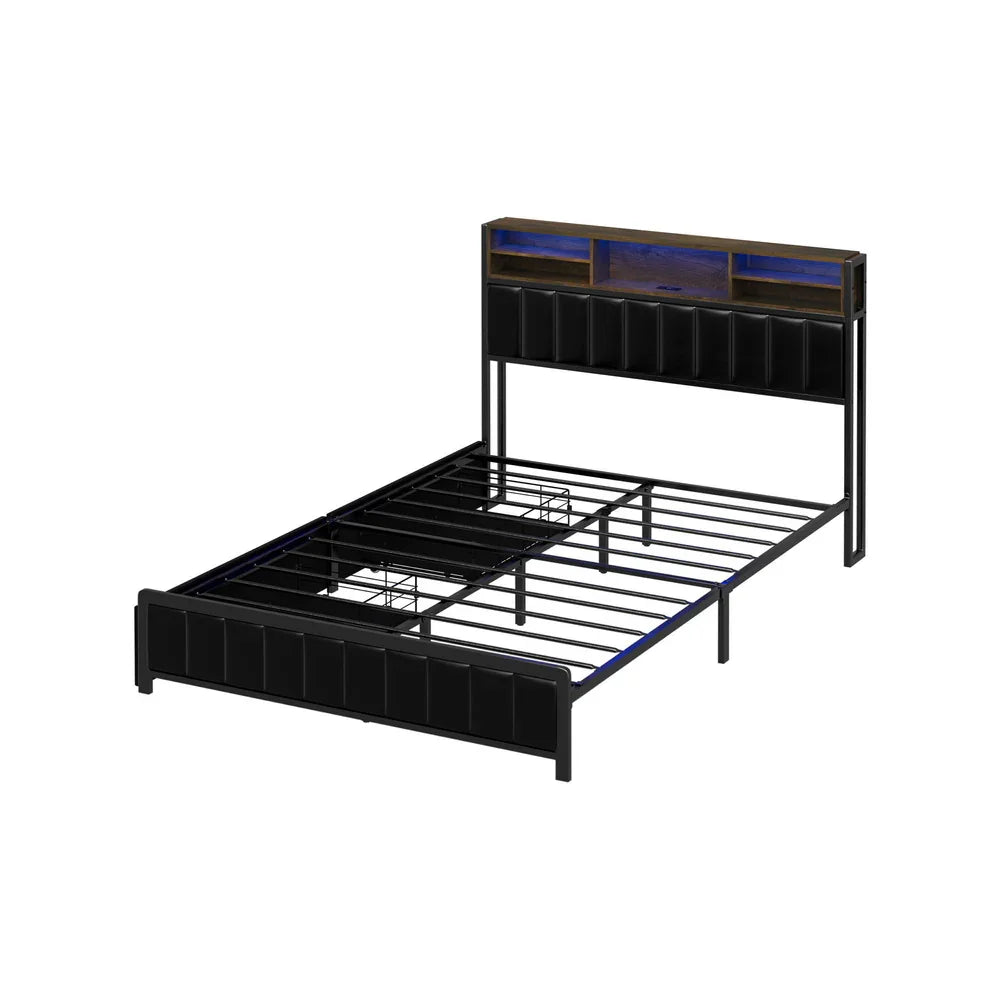 Oikiture Bed Frame Double Single Size LED Storage Bedhead USB Charge