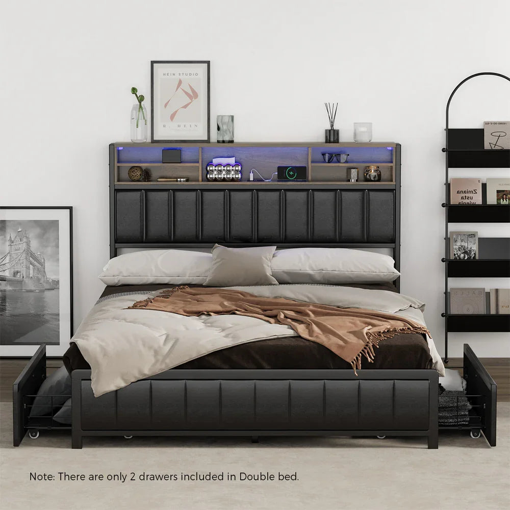 Oikiture Bed Frame Double Single Size LED Storage Bedhead USB Charge