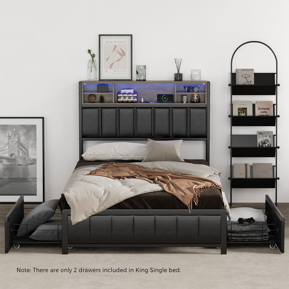 Bed Frame King Single Size LED Storage Bedhead USB Charge