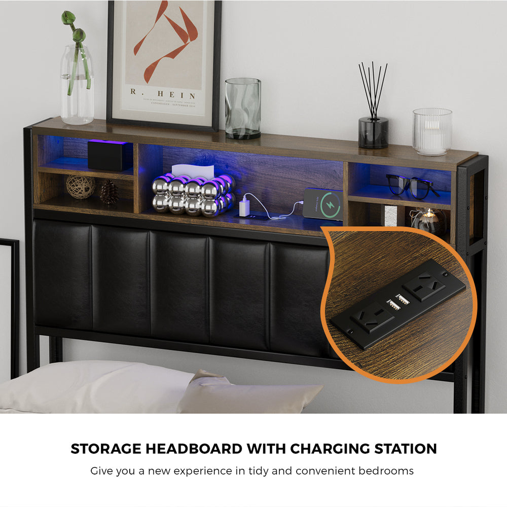 Bed Frame King Single Size LED Storage Bedhead USB Charge
