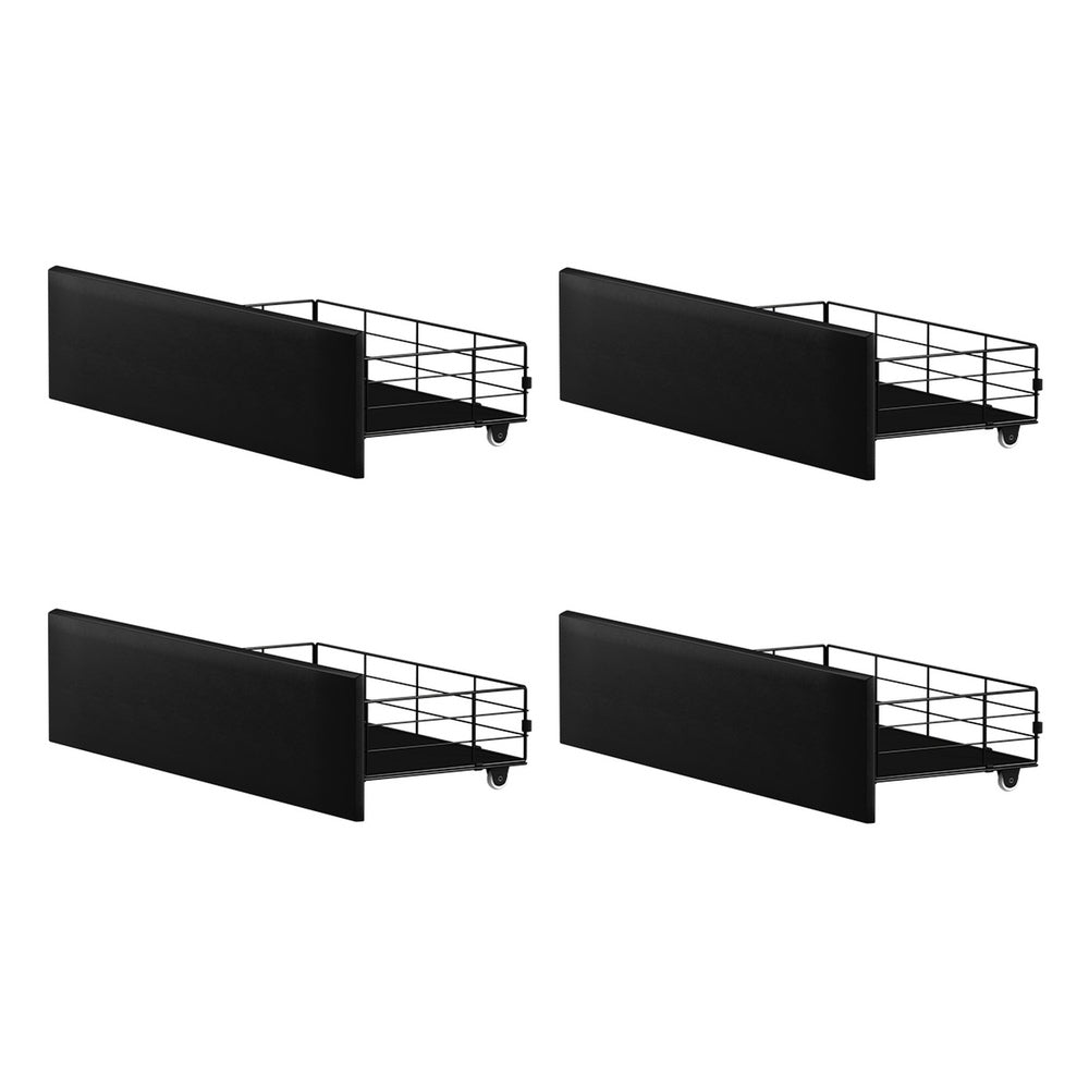 Oikiture 4x Trundle Drawers for Bed Frame with Wheels Metal Black