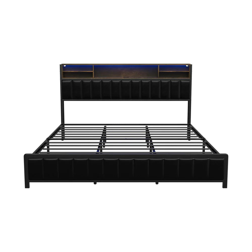 Oikiture Bed Frame King Size Beds LED Storage Bedhead USB Charge
