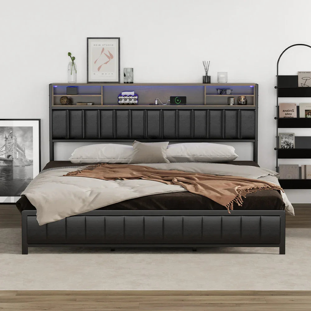 Oikiture Bed Frame King Size Beds LED Storage Bedhead USB Charge