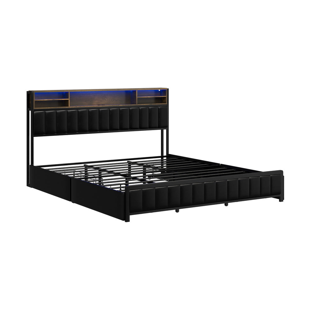 Bed Frame King Size LED Storage Bedhead 4 Drawers USB Charge