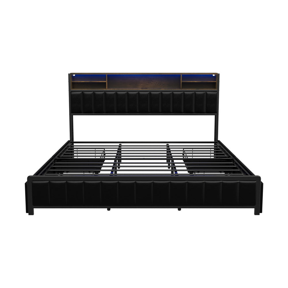Bed Frame King Size LED Storage Bedhead 4 Drawers USB Charge