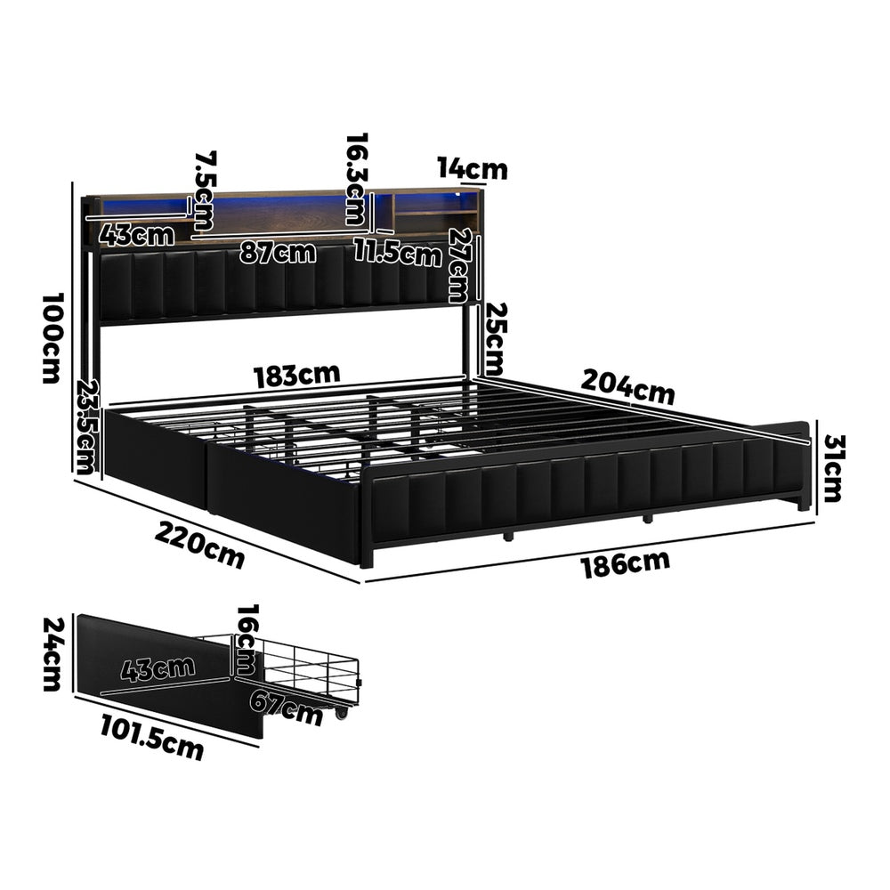 Bed Frame King Size LED Storage Bedhead 4 Drawers USB Charge