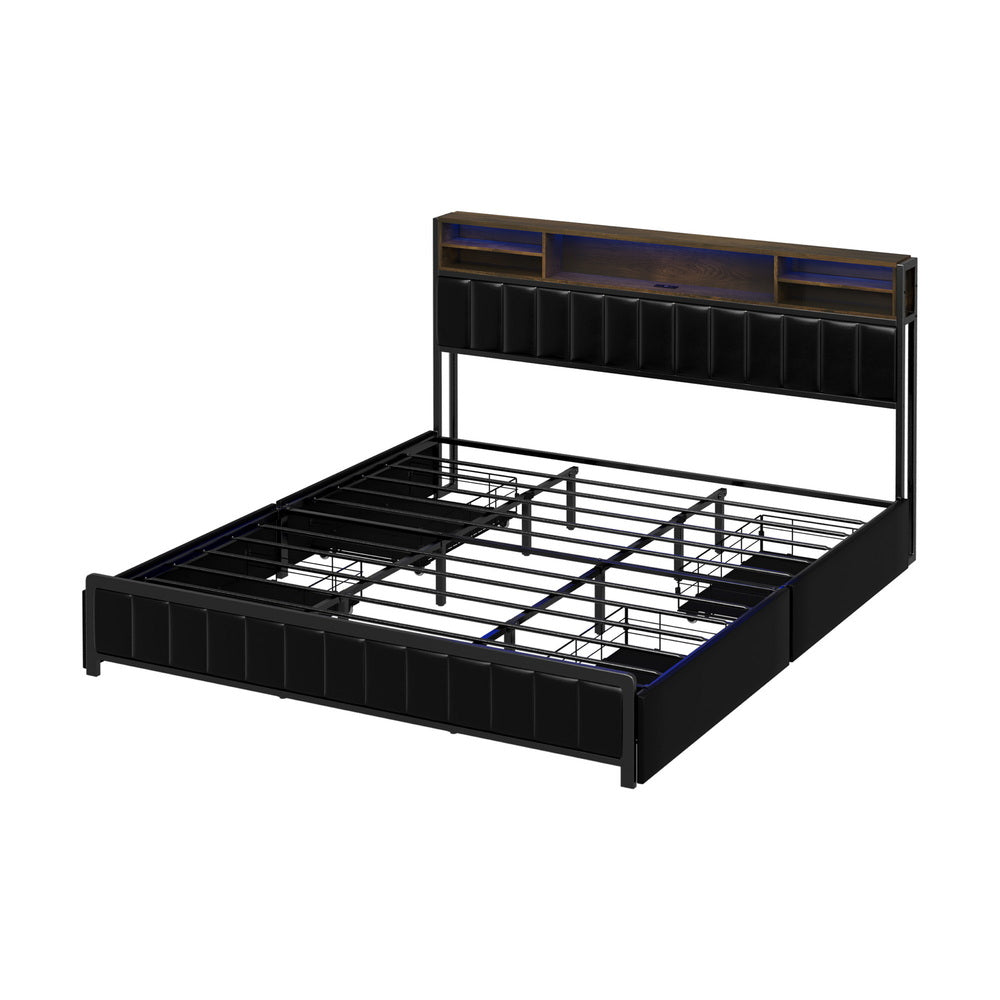 Bed Frame King Size LED Storage Bedhead 4 Drawers USB Charge