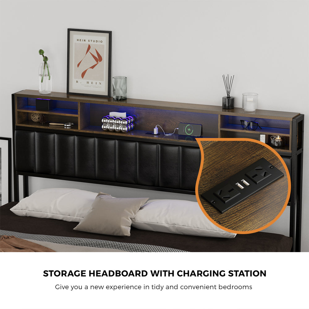 Bed Frame King Size LED Storage Bedhead 4 Drawers USB Charge