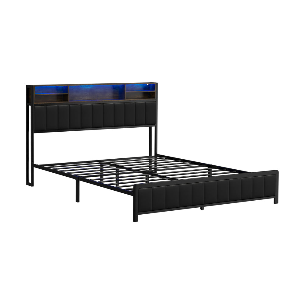 Oikiture Bed Frame Queen Size LED Storage Bedhead Leather Black