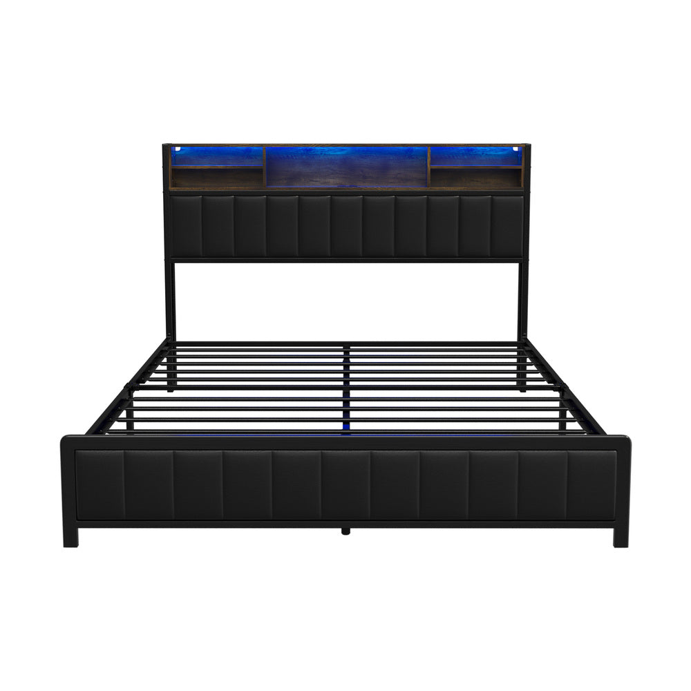 Oikiture Bed Frame Queen Size LED Storage Bedhead Leather Black