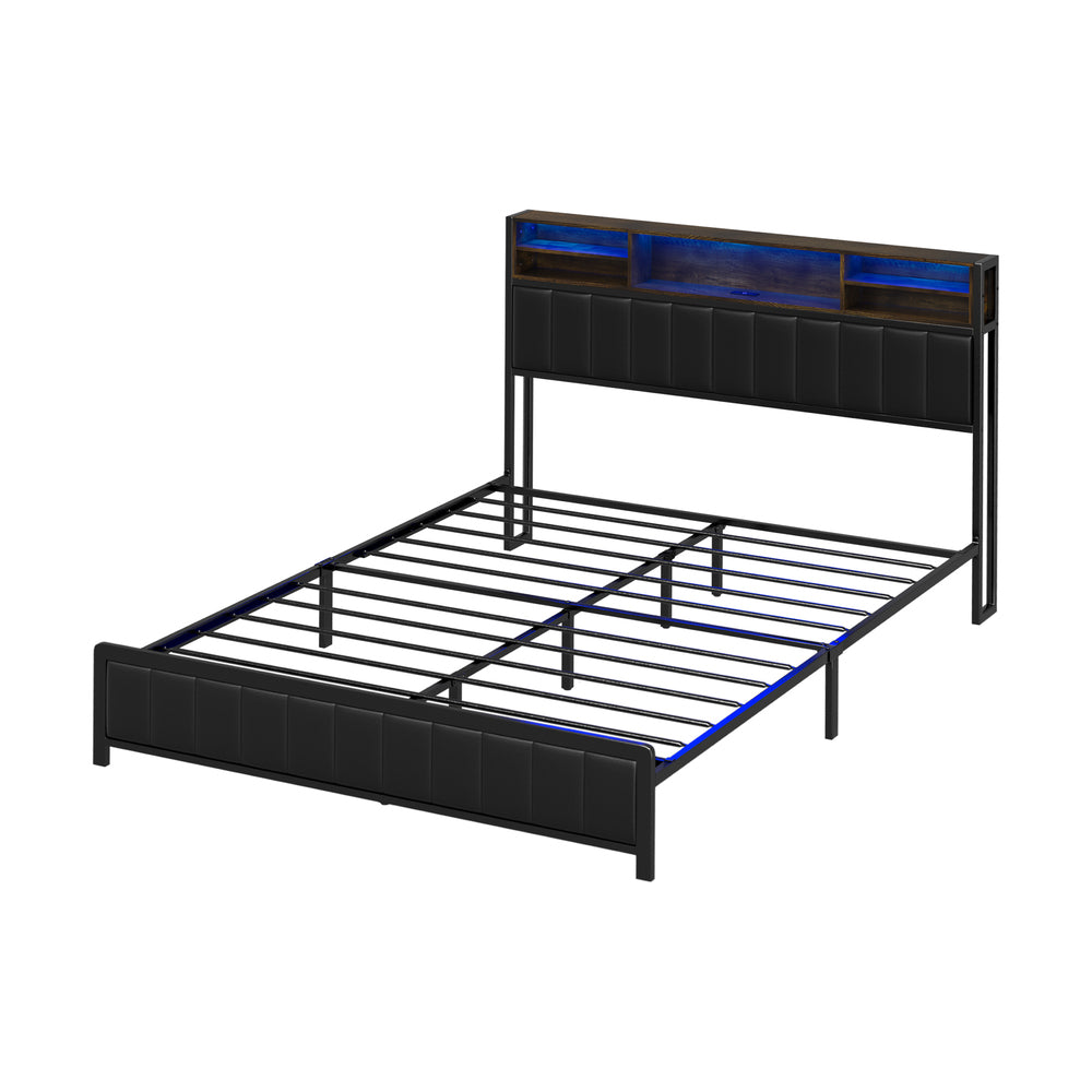 Oikiture Bed Frame Queen Size LED Storage Bedhead Leather Black