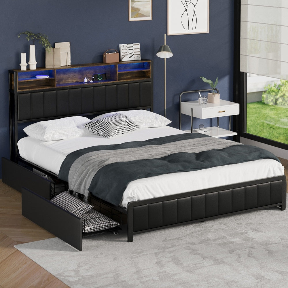 Bed Frame Queen Size LED Storage Bedhead 4 Drawers Leather