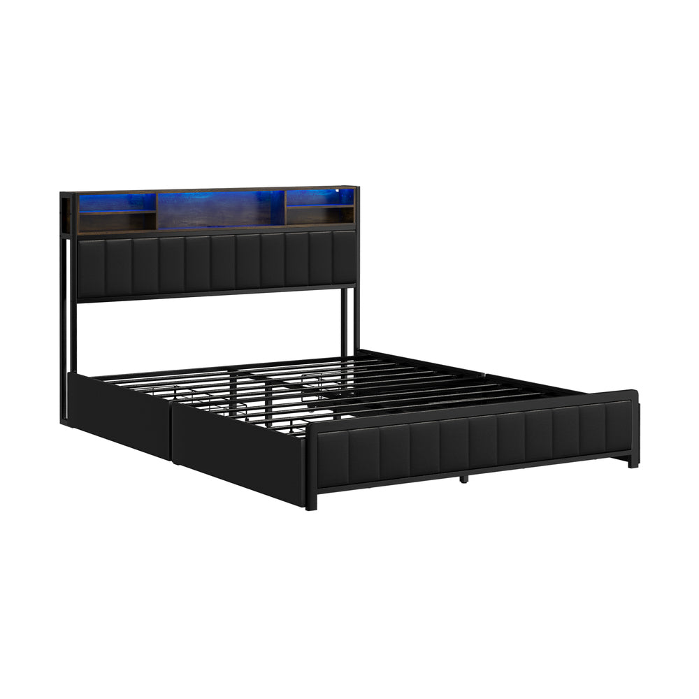 Oikiture Bed Frame Queen Size LED Storage Bedhead 4 Drawers Leather