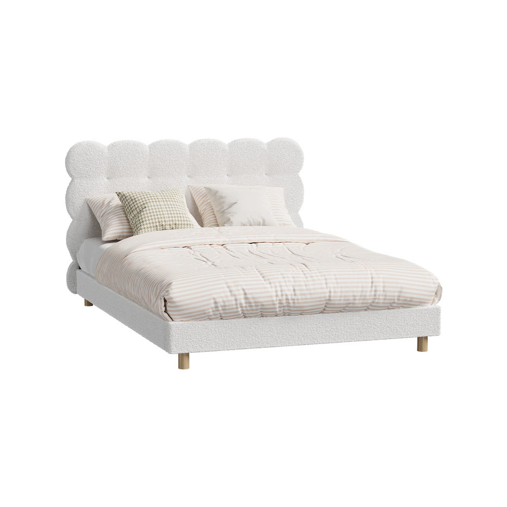 Oikiture Bed Frame Double Tufted Bedhead Boucle Fabric White