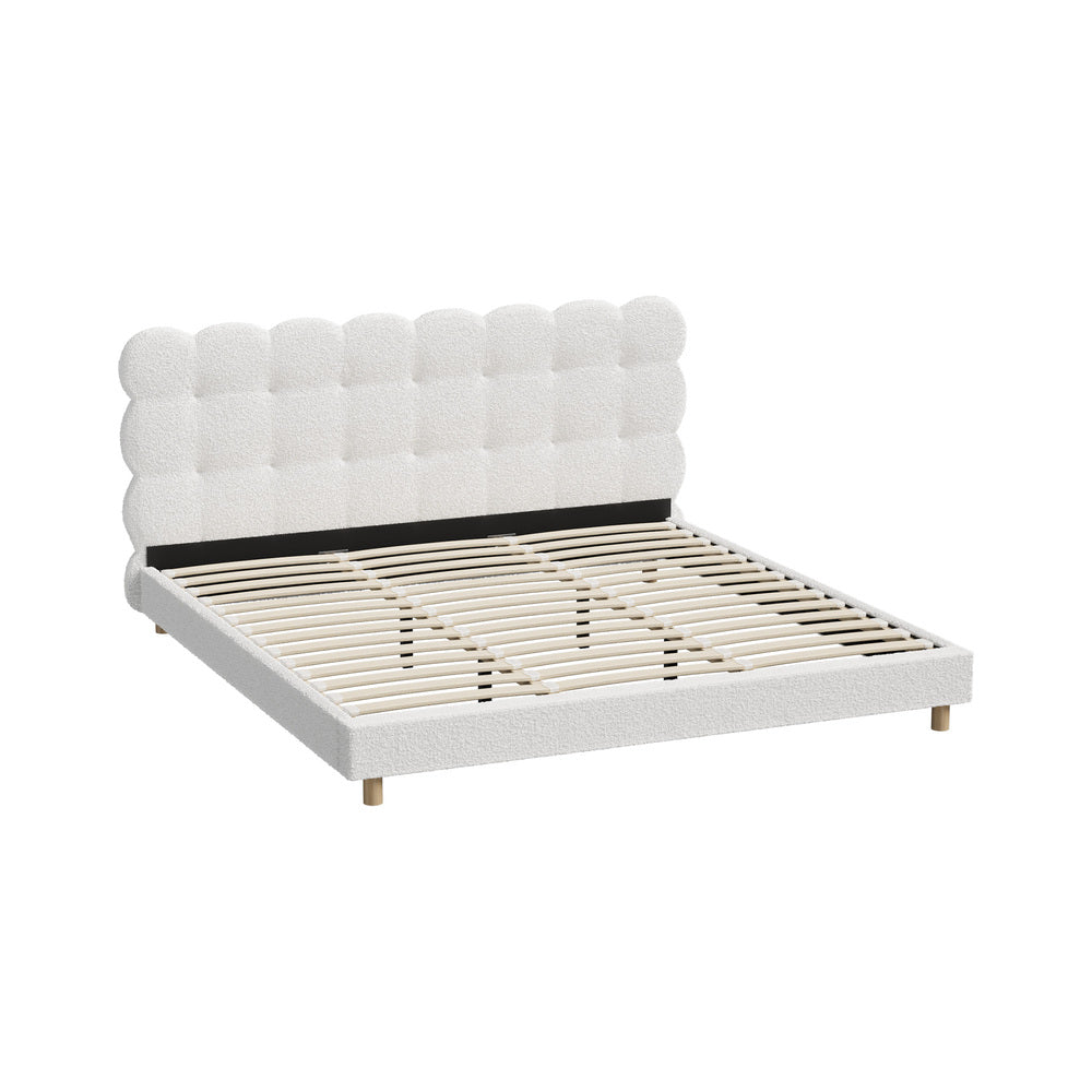Oikiture Bed Frame King Tufted Bedhead Boucle Fabric White