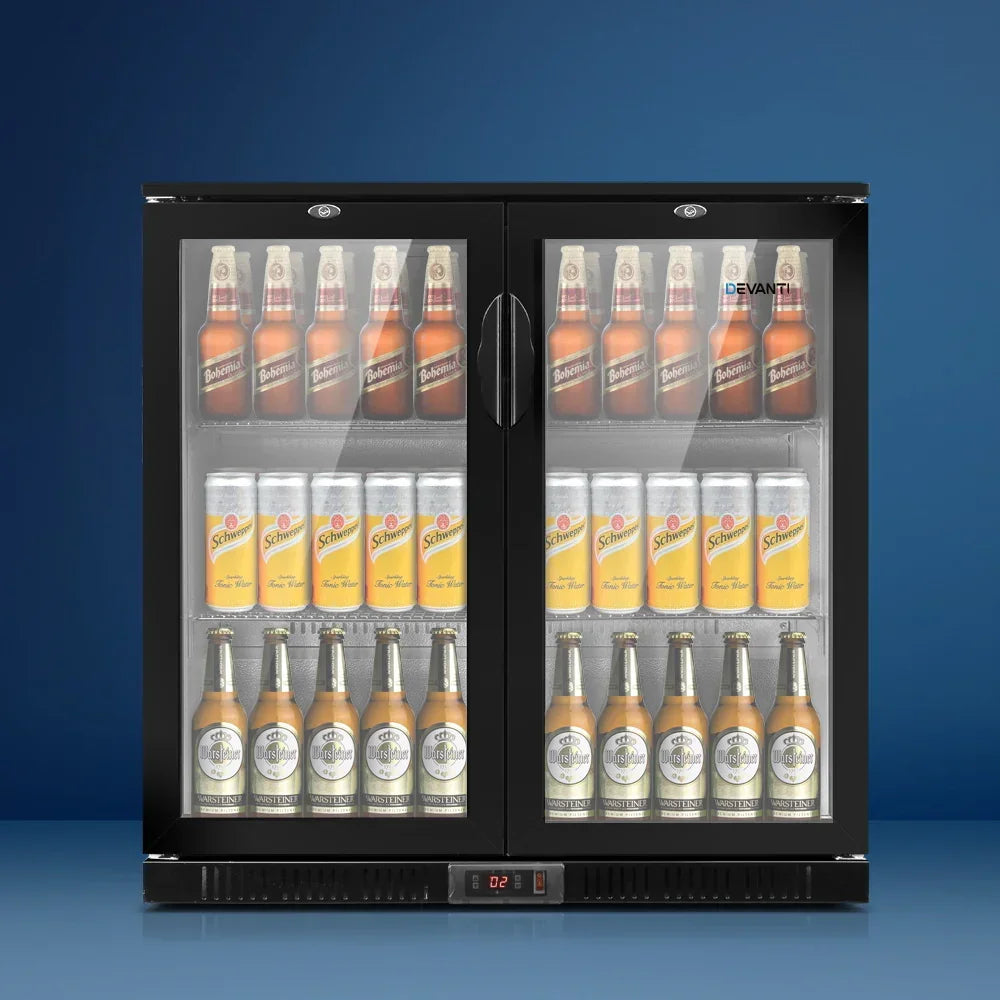 198L Double Door Bar Fridge Commercial Glass Door Display Refrigerator Black