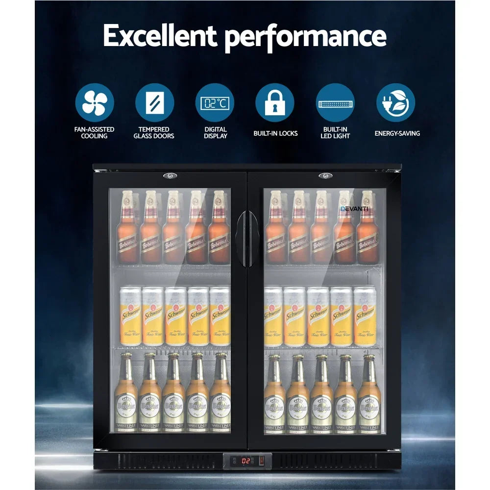 198L Double Door Bar Fridge Commercial Glass Door Display Refrigerator Black