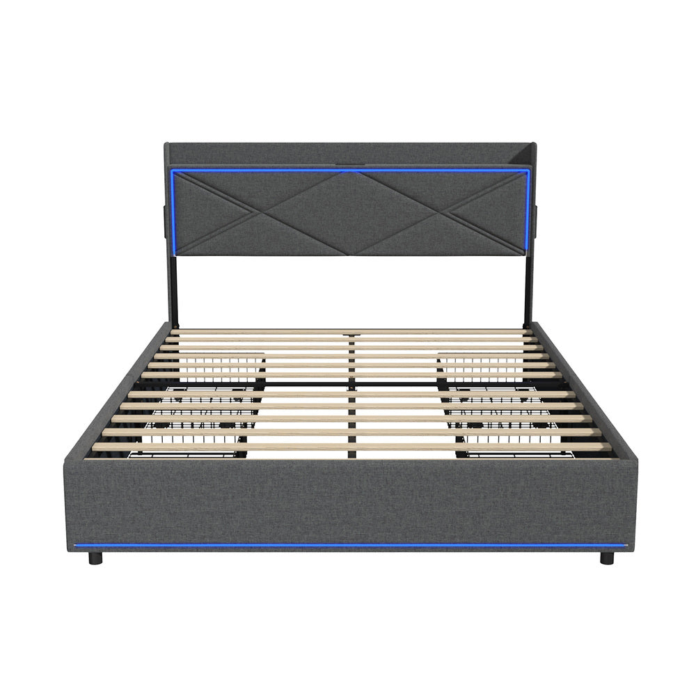 Bed Frame Double with LED Headboard Charging Port 4 Drawers