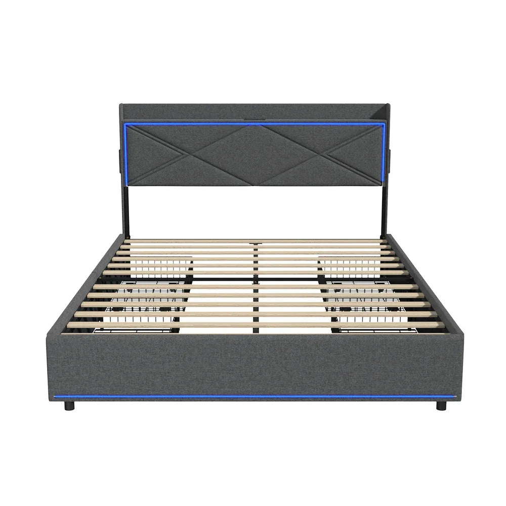 Bed Frame Double with LED Headboard Charging Port 4 Drawers