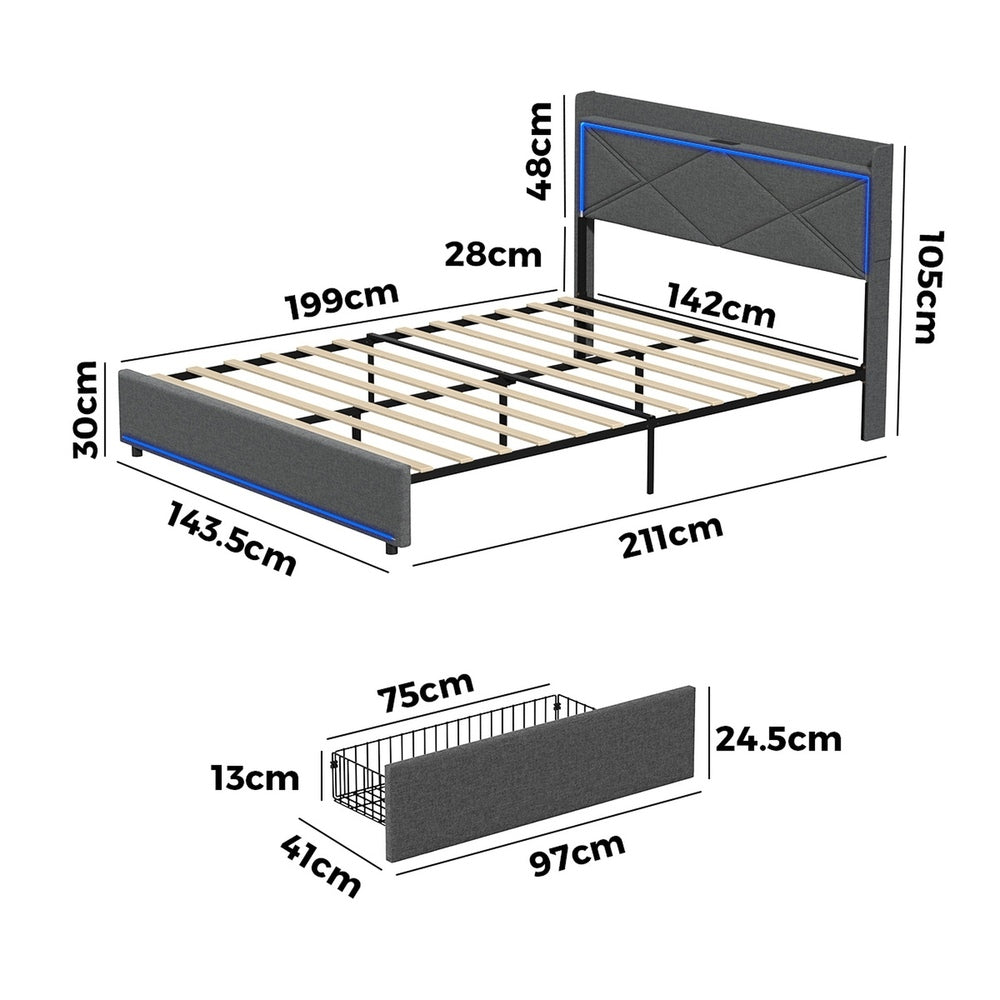 Bed Frame Double with LED Headboard Charging Port 4 Drawers