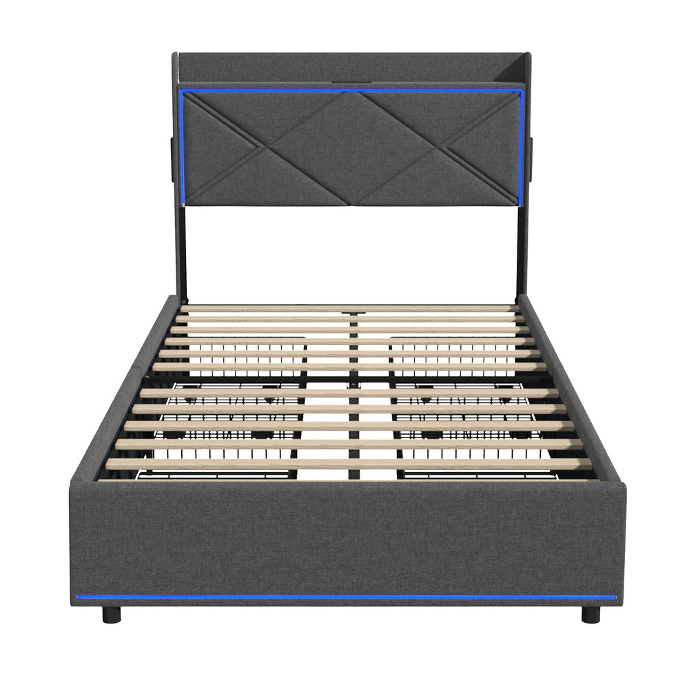 Bed Frame King Single with LED Headboard Charging 4 Drawers