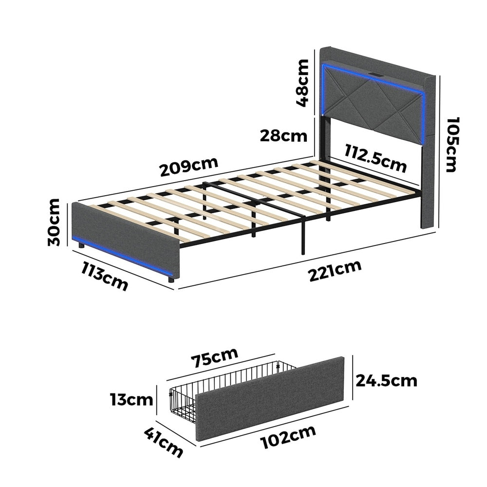 Bed Frame King Single with LED Headboard Charging 4 Drawers