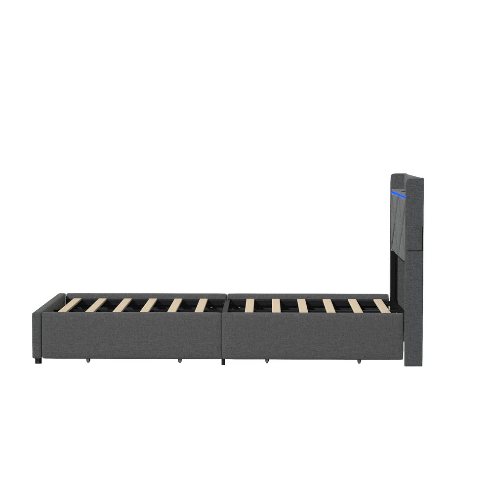 Oikiture Bed Frame King Single with LED Headboard Charging 4 Drawers